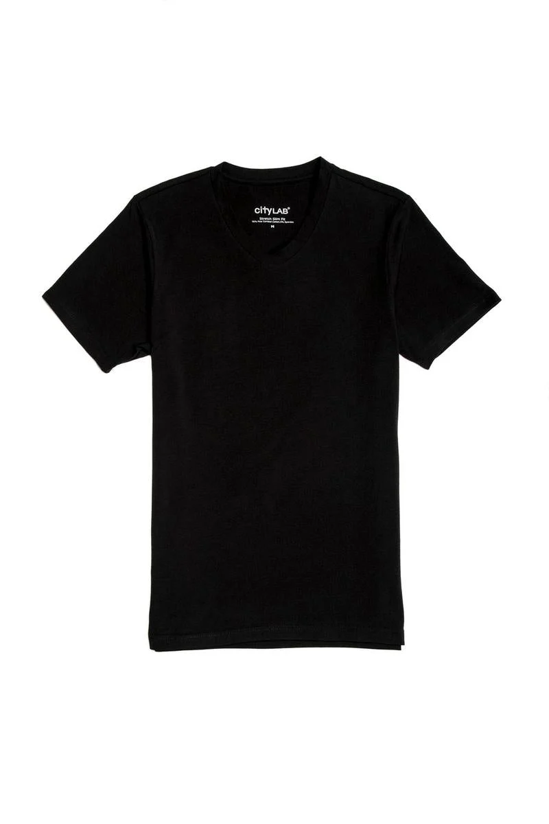 CityLab - Stretch Slim Fit T-Shirt V Neck - Black - Image 2